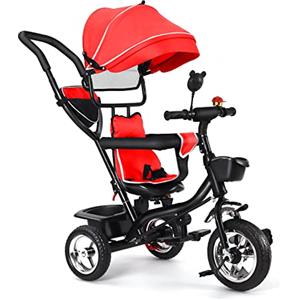 OHMG Triciclo per bambini evolutivo,4 in 1 Triciclo bici e passeggino fino a 25kg,Passeggino con Maniglione regolabile,Triciclo per bambini da 1 a 5 anni,Rotabile Pieghevole parasole (Rosso)