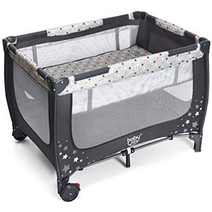 COSTWAY Culla da Viaggio Portatile con Materasso, 125 x 65 x 76 cm (Grigio) | Lettino Campeggio 0‑36 Mesi, Centro Attività per Bambini con Borsa Trasporto e 2 Ruote, Base a 7 Punti di Supporto