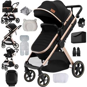 Veitoalioy Passeggino 3 in 1 Trio Neonati, Per Neonato 3 in 1 Passeggini, Paesaggio alto Carrozzino multifunzione, Passeggino Pieghevole Telaio (V10 BlackGold)