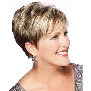 Fleurapance - Parrucca da donna, corta, bionda naturale, ondulata, capelli sintetici a frangia, resistente al calore, simile ai capelli veri, colore misto