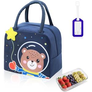 Aucuu Borsa Termica, Borsa per il Pranzo, per Bambini, Piccola Borse Termica per Viaggi, Mini Borse Frigo Pieghevole e Impermeabile Interno in Alluminio-(Orso spaziale blu scuro)