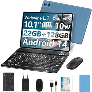 fezawio Android 14 Tablet 10 pollici 22 GB RAM + 128 GB ROM Octa-Core Tablet 5G WiFi, con tastiera mouse, 8000 mAh, (1TB TF) con collina-blu