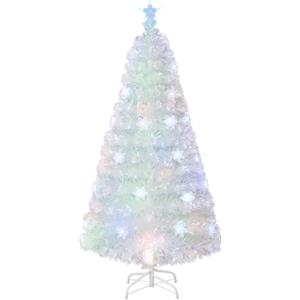 COSTWAY Albero di Natale Pre-illuminato in Fibra Ottica 120/150/180/210 cm, Albero di Natale Bianco con Foglie Iridescenti, Luci a LED a Fiocco di Neve Multicolore, Luce Superiore a Stella (150 CM)