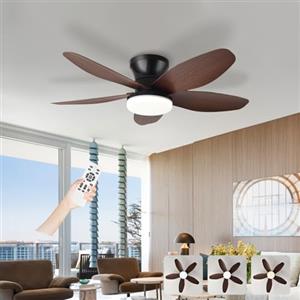 AQLEDY Ventilatore Pale Da Soffitto Con Luce E Telecomando, Silenzioso 5 Pale Lampadario Con Ventola, Dimmerabile LED Plafoniera Ventilatore Per Camera Da Letto, Cucina, Soggiorno-Black+WoodGrain||36in