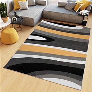 TAPISO Maya Tappeto Soggiorno Pelo Corto Design Moderno Motivo Astratto Ondato Onde tonalità Giallo Grigio Camera da Letto Cameretta Ufficio Salotto Oeko-Tex 80 x 150 cm