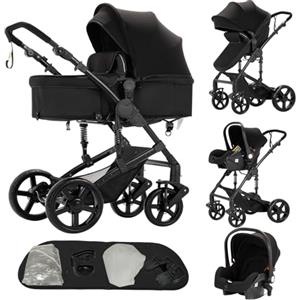 Dziranam Passeggino 3 in 1,passeggino reversibile,telaio triangolare e doppia sospensione a molla,chiusura con un clic per neonati e bambini piccoli(nero)