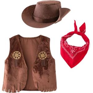 Generico Costume Cowboy Bambino, Carnevale Neonato Western Cowboy Vestito, 3 Pezzi Set Costume, con Bandana Rossa, Cappello e Gilet, Wild Western Abiti Set, per Halloween e Carnevale