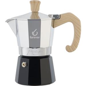 FOREVER Caffettiera Moka Alluminio, Miss Moka Prestige 'Woody', Caffettiera Moka per Casa, Caffettiera Portatile per Viaggio, inclusa Guarnizione in Silicone (2 Tazze)