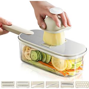 ROTKUSZ Mandolina per Verdure Professionale in Acciaio Inox, Taglia Verdure Multifunzione 6 in 1, Tagliaverdure Manuale, Affetta Verdure Manuale, Taglia Regolabile con 6 Lame e Contenitore