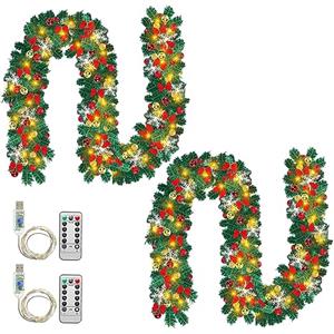Vigevee Ghirlanda natalizia 2 x 5 m con illuminazione, ghirlanda di abete artificiale con 100 LED, luce bianca calda, incl. decorazione e telecomando, luci USB 8 modalità, decorazioni natalizie per