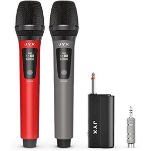 FanFun Microfoni wireless, microfono dinamico portatile wireless dual UHF con ricevitore spina da 1/4 pollici, (gamma 150 piedi), connessione automatica, microfoni karaoke ricaricabili in metallo