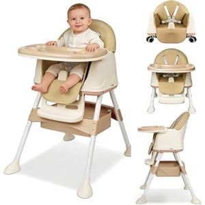 Kidsgigglz Seggiolone pieghevole 4in1, Reclinabile e regolabile in altezza, con vassoio estraibile e rotelle, Seggiolone regolabile con cintura a 5 punti, Beige