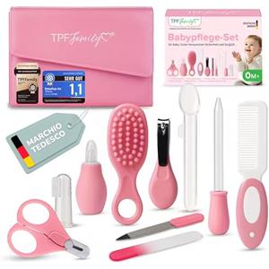 TPFFamily Set di Cura per Neonato in rosa - Set cura neonato 10 pezzi con forbicine, aspiratore nasale e spazzola - Kit igiene neonato con astuccio da viaggio, ideale per neonati da 0 a 6 mesi
