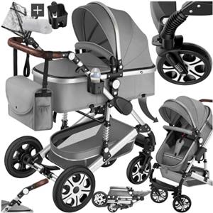 tectake® Passeggino Combinato Pieghevole, 2 in 1, Passeggino Leggero con Cintura a 5 Punti Regolabile, Freno a Pedale, Tettuccio Parasole, Passeggino per Bambini da 0 a 3 Anni - Grigio