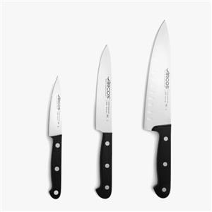 ARCOS Set di 3 Coltelli da Cucina Essenziali. Coltelli con Lama in Acciaio Inossidabile e Manico in Poliossimetilene, Adatti alla Lavastoviglie. Serie Universale. Colore Nero