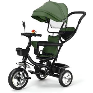 OHMG Triciclo per bambini evolutivo,4 in 1 Triciclo bici e passeggino fino a 25kg,Passeggino con Maniglione regolabile,Triciclo per bambini da 1 a 5 anni,Rotabile Pieghevole parasole (verde)