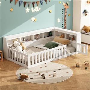 Huayz Montessori, lettino da pavimento, 90 x 200 cm, letto con vano portaoggetti e porte USB, letto in legno, con protezione anti-caduta e rete a doghe, senza materasso (bianco, 90 x 200 cm)
