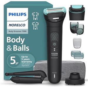 Norelco Philips Norelco Body Groomer serie 7000, impermeabile, da uomo, con custodia da viaggio, sistema di rasatura a tripla protezione e rasoio per peli del corpo con testa flettente 2D che segue i contorni