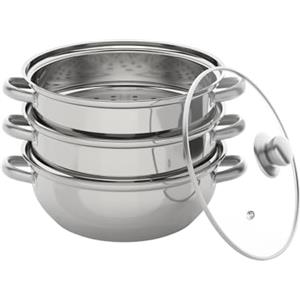 WINPANG Vaporiera a 3 strati in acciaio inox con coperchio in vetro, impilabile, per piani cottura a gas, riso, induzione e alogeni, 32,5 x 25 cm