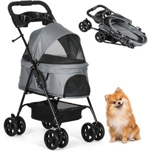 PawHut Passeggino per Cani Piccoli Pieghevole, Ruote Girevoli, Grigio | Passeggino Leggero per Animali, 67x45x96cm, Guinzaglio di Sicurezza, Cestino Portaoggetti