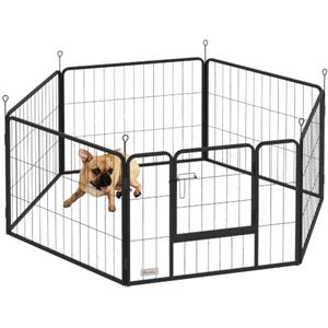 PawHut Recinto per Cani Piccola Taglia 6 Pannelli 80x1.5x60cm Grigio | Modulabili, Recinzione Box per Cani e Cuccioli Pieghevole, Porta in Acciaio, 16 Picchetti