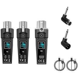 LVYXON UHF - Sistema microfonico wireless XLR con trasmettitore e ricevitore per microfoni dinamici, chitarra elettrica, basso, mixer audio, sistema PA, portata 30-50 m, bassa distorsione, nero (uno e due)