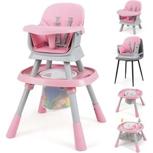 COSTWAY Seggiolone Pappa per Bambini 16 in 1, Seggiolone Convertibile con Cintura e Vassoio Rimovibile, Sedia Evolutiva per Neonati 6-36 Mesi con Piano Bifacciale, 3 Giochi e Cestino (Rosa)