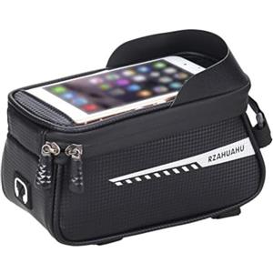 Lagomloot Borsa porta cellulare da bicicletta, custodia per tubo anteriore con porta cuffie per telefoni da 6,5 pollici, borsa da bicicletta in pelle PU nera