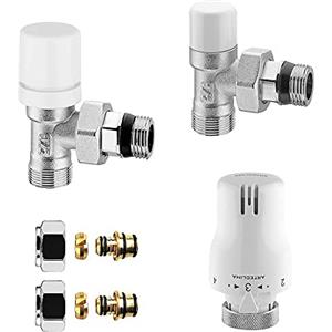 Inbagno Valvola e detentore per termoarredo in acciaio cromo con tappo bianco, attacchi standard G ½", INCLUDE testa termostatica e raccordi per rame o multistrato