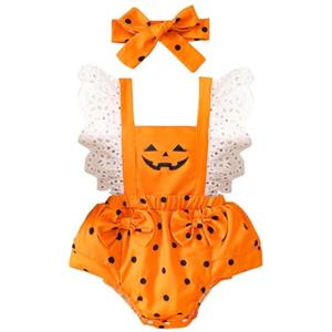 Generico Costume Halloween Neonato 9 Mesi Vestito Da Zucca Bambina Tutina Elegante Costume Halloween Neonata Pagliacetto Con Fascia Completo Vestiti Fantasma Bimba Body Arancione Nera Carnevale Feste Cosplay