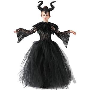 TRACYCY Costume da Strega Bambine Cosplay Bella Addormentata Maleficent Tulle Abito con Fascia e Maniche Collare Set 4 Pezzi per Bambini Halloween Carnevale Compleanno Fancy Dress Taglia 2-10 Anni