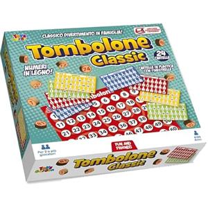 PRESTIGE & DELUXE Tombola Classic 24 cartelle - Gioco tradizionale da tavolo per tutta la famiglia con tabellone, numeri in legno e 24 cartelle con finestrelle + portachiave fischietto