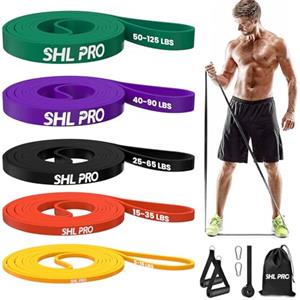 SHL PRO Elastici Fitness - Set da 5 Pezzi, Resistenza 5-125 lb per Trazioni alla Sbarra, Elastico Palestra per Stretching e Palestra in Casa - con Ancoraggio Porta, Maniglie, Elastici Palestra