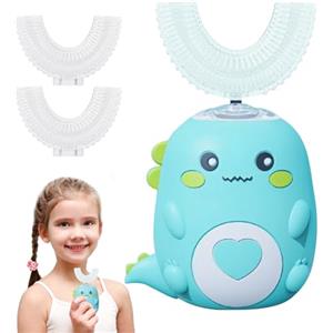 UOEONR Dentifici elettrici per bambini con 3 testine in silicone a U, design cartoni animati, misurazione automatica del tempo, 2 velocità, ricarica USB, motivo dinosauro (verde e 6-12 anni)