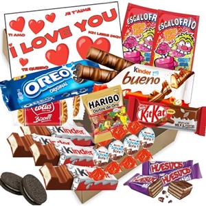 WikiMark Scatola regalo San Valentino I Love You con 20 Cioccolatini Kinder Buono, Biscotti Oreo, Kinder Schoko Bons, Orsetti, Kit Kat, Bones, Biscoff Biscoff e molto altro. Include biglietto I Love You