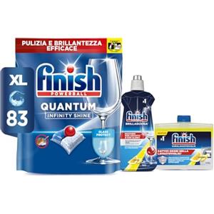 Finish Kit Lavastoviglie; Finish Quantum Infinity Shine Pastiglie Lavastoviglie 83 lavaggi, Brillantante Lemon 500ml, Curalavastoviglie Lemon 250ml