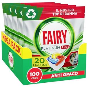 Fairy Platinum Plus Pastiglie Lavastoviglie, Detersivo Brillantante Lavastoviglie al Limone, 100 Lavaggi, 5x20 Capsule Lavastoviglie, Tecnologia Anti-Opaco con Azione Brillante