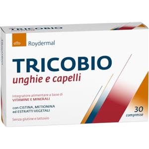 Roydermal Tricobio Integratore alimentare a base di Spirulina, Ortica, Equiseto, Cistina, Metionina, Biotina, Selenio, Zinco e Vitamina D anti caduta per capelli e unghie, 30 compresse