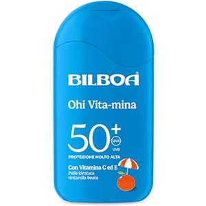 Bilboa, Ohi Vita-Mina, Latte Solare SPF 50+, Crema Solare con Vitamina C, Vitamina E e Niacinamide, Ideale Contro Rughe e Macchie, Resistente all'Acqua, 200 ml