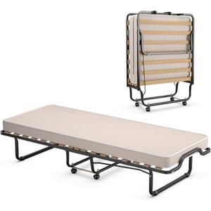 GYMAX Brandina Pieghevole con Materasso 10 cm, 200 x 80 x 40cm, Carico 130 kg, Materasso Memory, a 15 Doghe, Made in Italy (BEIGE)