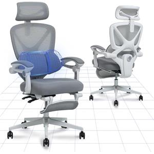 FLEXISPOT Sedia da Ufficio Ergonomica Bianco-Grigia, Sedia Girevole a Forma di X con Inclinazione a 135°, Braccioli Collegati, Supporto Lombare Regolabile, Poggiapiedi e Poggiatesta 3D