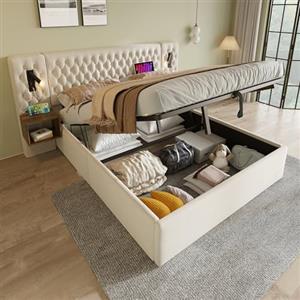 Oxtao COSTRUZIONE DA LETTO Set completo per camera da letto, letto imbottito 180×200cm, letto matrimoniale con 2 comodini, testiera con lampada da lettura con funzione di ricarica USB, letto idraulico con
