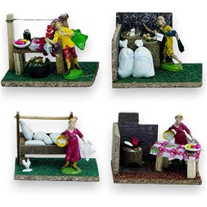 Aurora Store Set 4 pz Ambientazione Casolare con Statue Presepe Mestieri banco del Mercato Bancarella di Natale Napoletano Statuine Pastori in Resina Personaggi 14 x 8 x h. 10cm