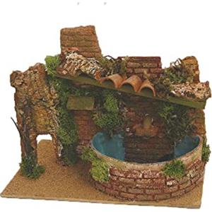 Aurora Store Fontana Presepe Grande con Roccia e Tetto Pozzo Natale con Base Legno Portale in Sughero Muschio in Resina Scenario Paesaggio Presepio Napoletano 27cm x h.18cm