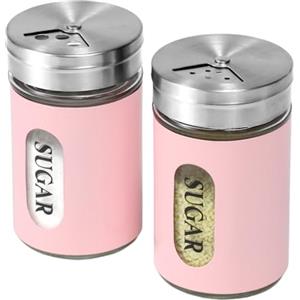 STJKBDFC Set di 2 shaker per zucchero in acciaio inox e vetro, con fori regolabili per versare cannella, shaker per bar, set di 2 (rosa)