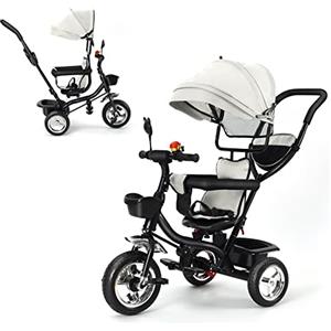 SHISHI Triciclo Bambini Evolutivo 3 in 1, Mini Bici Senza Pedali per Bambini 1-7 Anni, Triciclo a Spinta con Sedile Reversibile, Cappottina Parasole, Maniglione Regolabile e Pedali Rimovibili (Grigio)