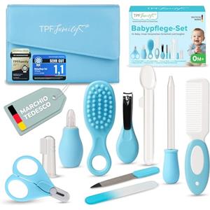 TPFFamily Set di Cura per Neonato in blu - Set cura neonato 10 pezzi con forbicine, aspiratore nasale e spazzola - Kit igiene neonato con astuccio da viaggio, ideale per neonati da 0 a 6 mesi