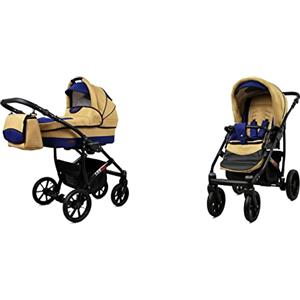 BabyLux Passeggino Largo 2in1 Deep e Passeggino con Accessori Regolabile e Pieghevole Struttura in Alluminio Leggero 2 Opzioni di Montaggio Ruote Impenetrabili Coffe Sailor Blue Black Frame