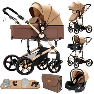 Dziranam Passeggino 3in1 reversibile convertibile con culla | Cornice triangolare & sospensione a doppia molla | Pieghevole con un clic per neonati e toddlers(Cachi).