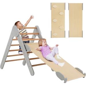 COSTWAY 3 in 1 Arrampicata Giocattolo a Triangolo per Bambini, Set di Arrampicata con Rampa di Scivolo a 2 Lati e Inclinazione Regolabile, Arrampicatore per Bambini 1 Anno+ (Grigio)